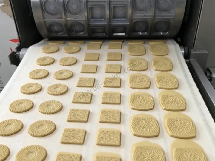biscuit rotary forming machine operation, shaped raw biscuit dough on conveyor belt